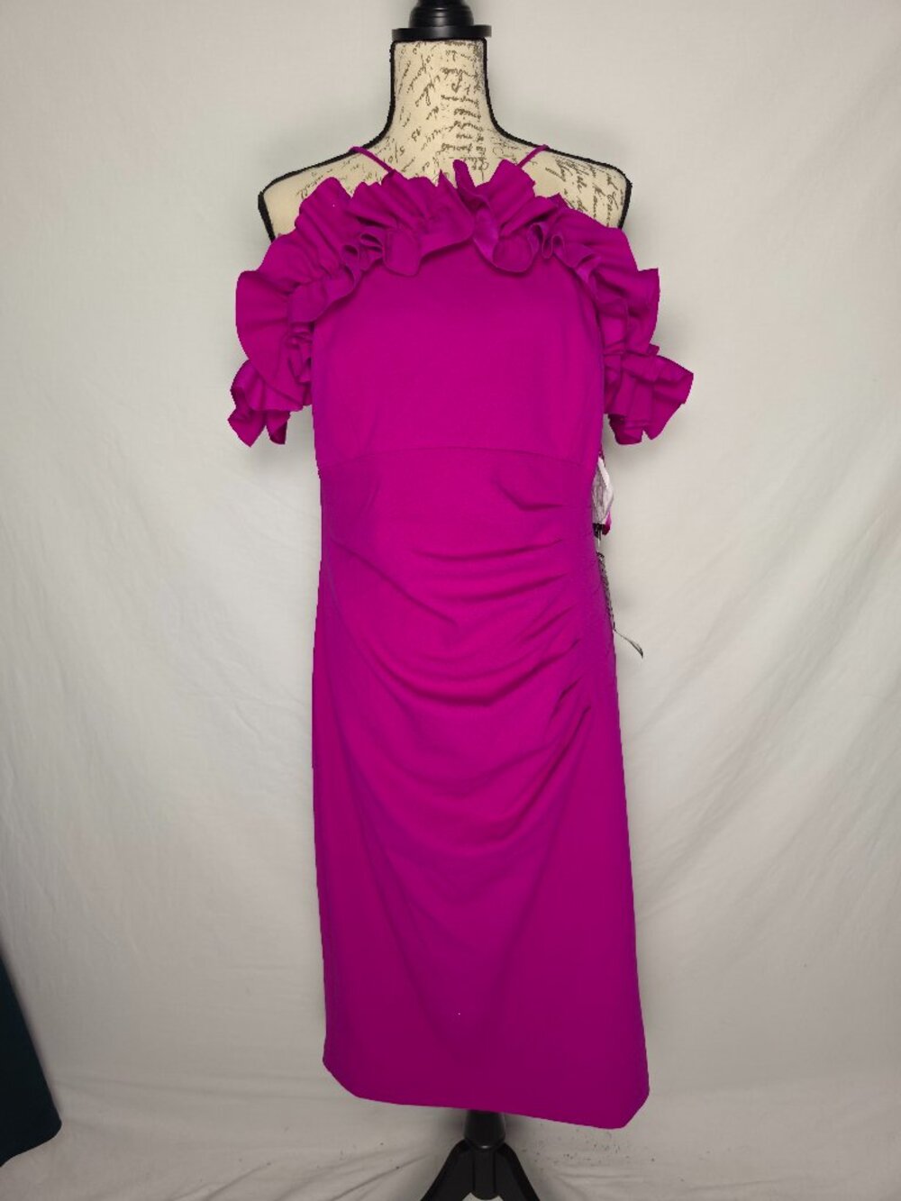 Xscape Fuchsia Ruffle Off Shoulder Ruched Cocktail Dress Size 16 NWT
